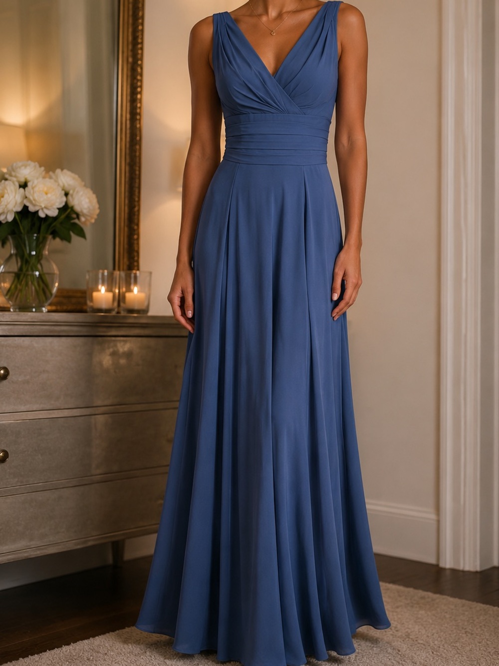 David’s bridal sleeveless blue maxi dress V-neckline pleated waist detail small